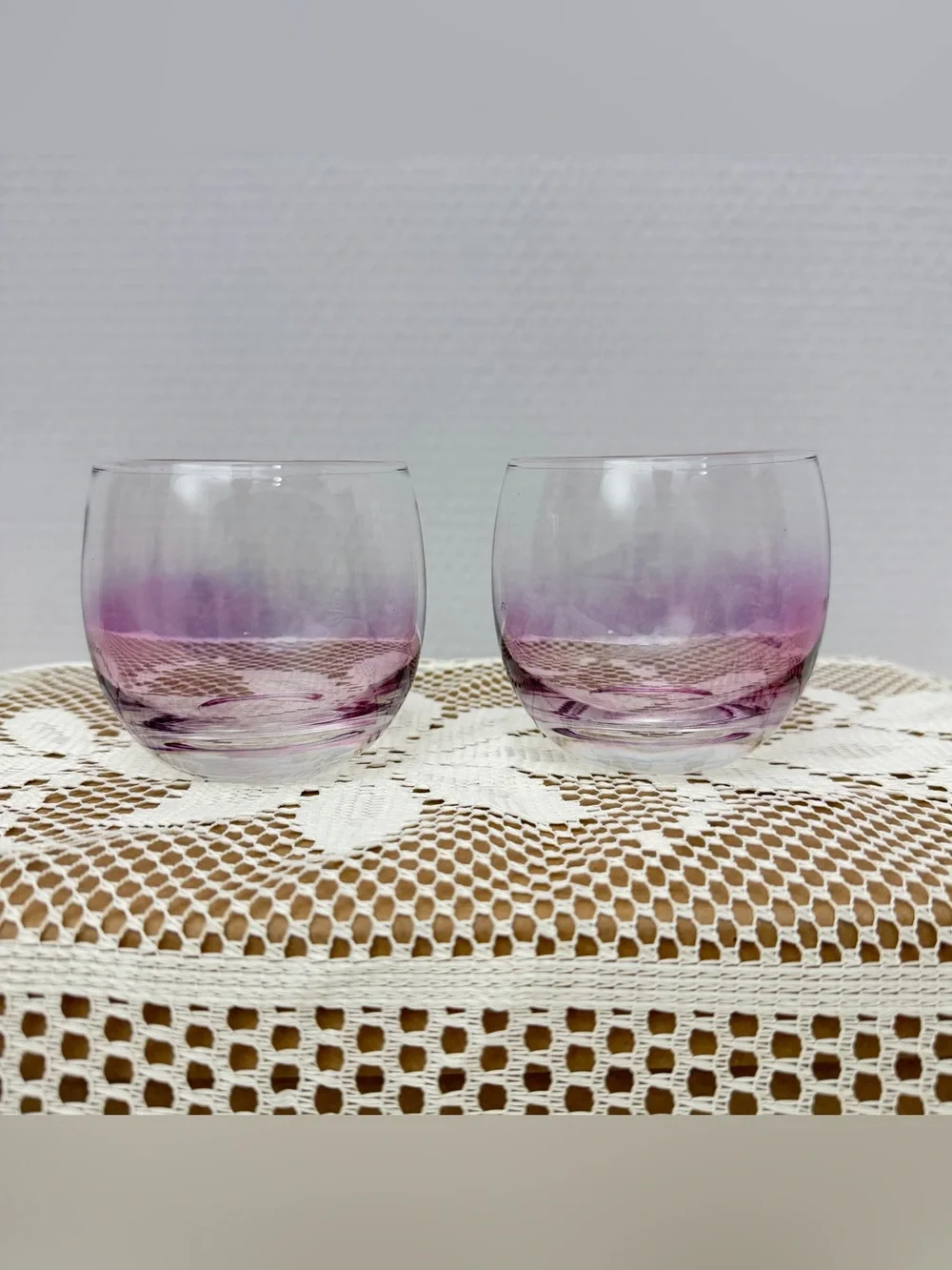 1960’s Roly Poly Drinking Cocktail Glasses Pink Purple Ombré MCM Vintage